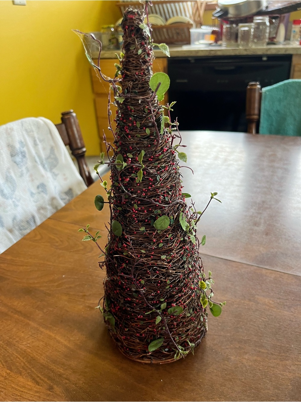 Rustic Twig Holiday wire  Tree with Green Leaves and Red Berry Accents
